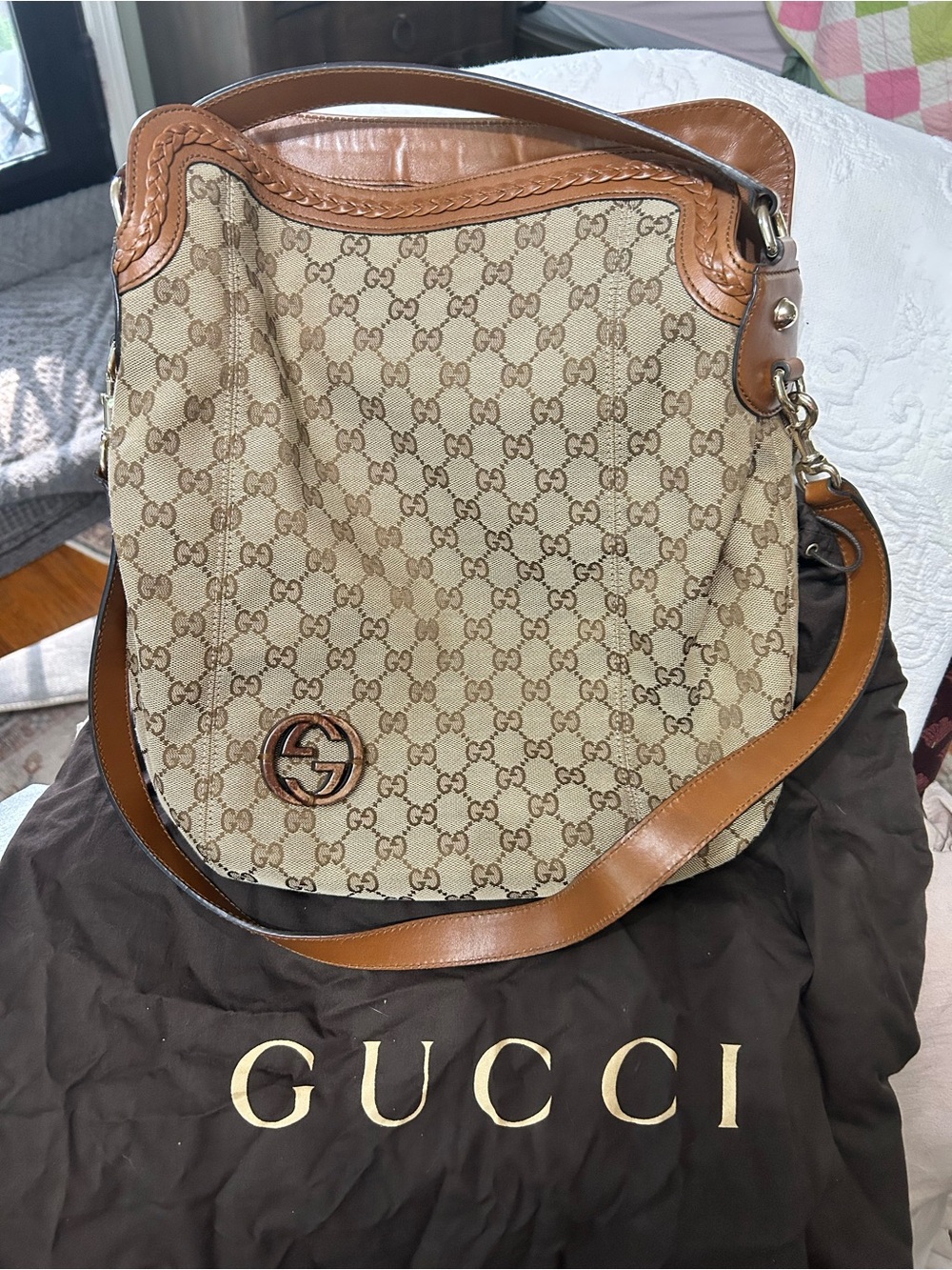 Gucci Beige GG Canvas Shoulder Bag with Brown Leather Trim